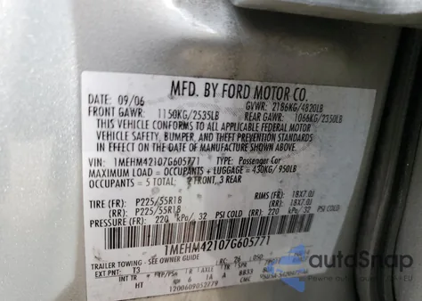 2007 Mercury Montego Premier from USA, damaged, VIN 1MEHM42107G605771